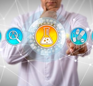 researcher in lab coat touching drug design icon