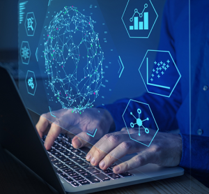 Big data and analytics visualization technology with scientist analyzing information structure on screen with machine learning to extract predictions for business, finance, internet of things