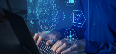 Big data and analytics visualization technology with scientist analyzing information structure on screen with machine learning to extract predictions for business, finance, internet of things