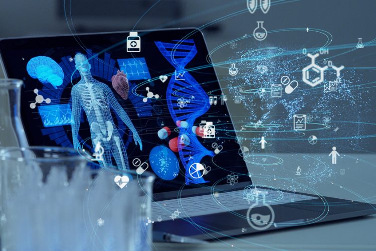 Computer screen displaying DNA strand, human body and organs and various tablets - idea of technology for medicine screening