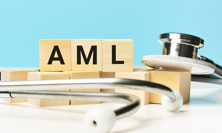 Phrase AML written on wooden cubes with stethoscope.