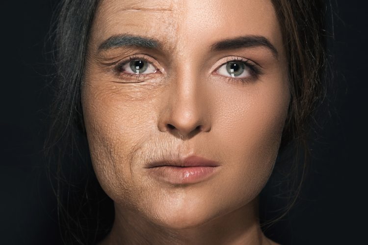 woman with half her face aged and the other youthful - idea of ageing
