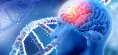 stand of DNA behing a side on view of the human head with the brain highlighted in red