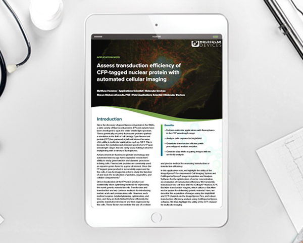 Assess transduction efficiency of CFP-tagged nuclear protein with automated cellular imaging