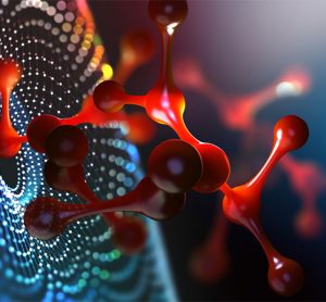 Molecule 3D illustration. Laboratory, molecules, crystal lattice. Nanotech research in biochemistry, chemistry, biology, microbiology