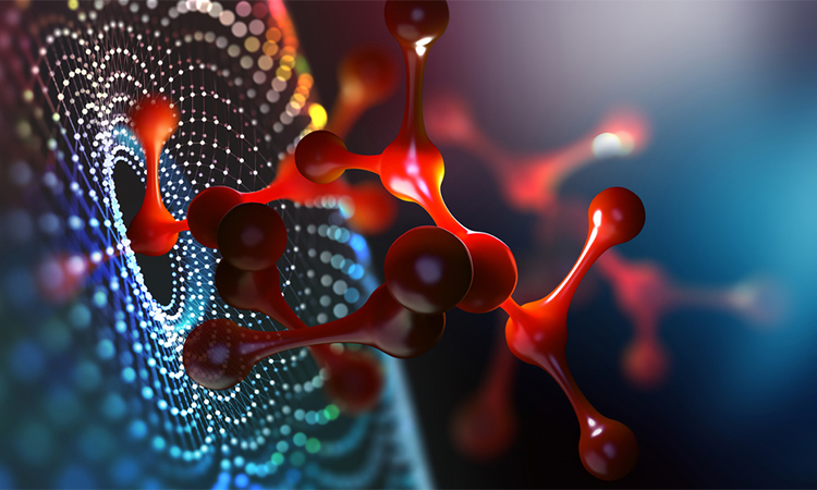 Molecule 3D illustration. Laboratory, molecules, crystal lattice. Nanotech research in biochemistry, chemistry, biology, microbiology