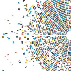 Spiral of coloured blocks representing a genetic analysis on a white background