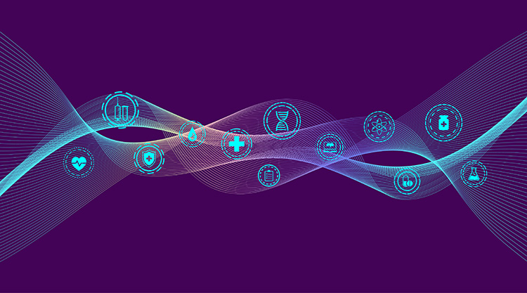 abstract genetic analysis/health analysis image (purple with blue swirls and icons)