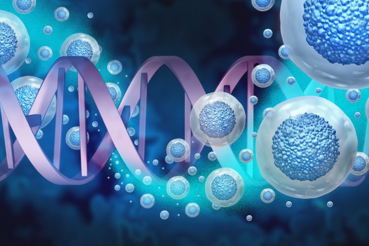 Illustration of DNA strands and stem cells representing genetic research and cellular biology.