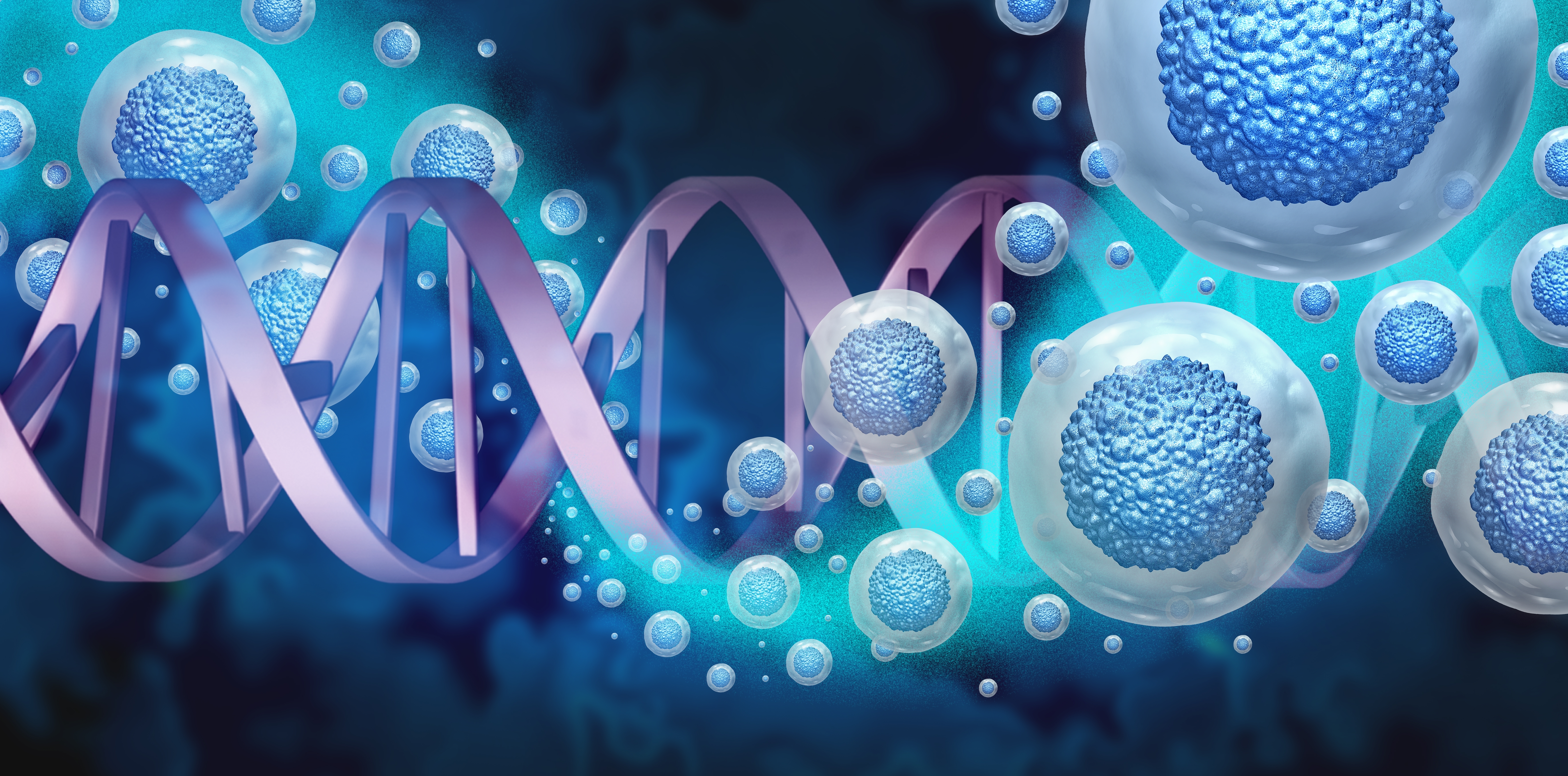 Illustration of DNA strands and stem cells representing genetic research and cellular biology.