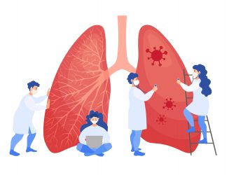 cartoon of scientists studying a COVID-19 infected lung