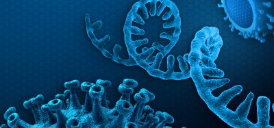 RNA strand in light blue surrounded by coronavirus particles in darker blue