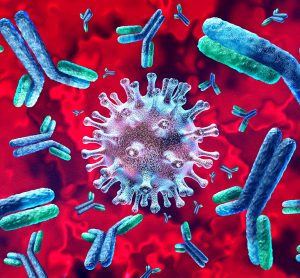 SARS-CoV-2 particle in grey surrounded by various blue and green antibodies all on a red background