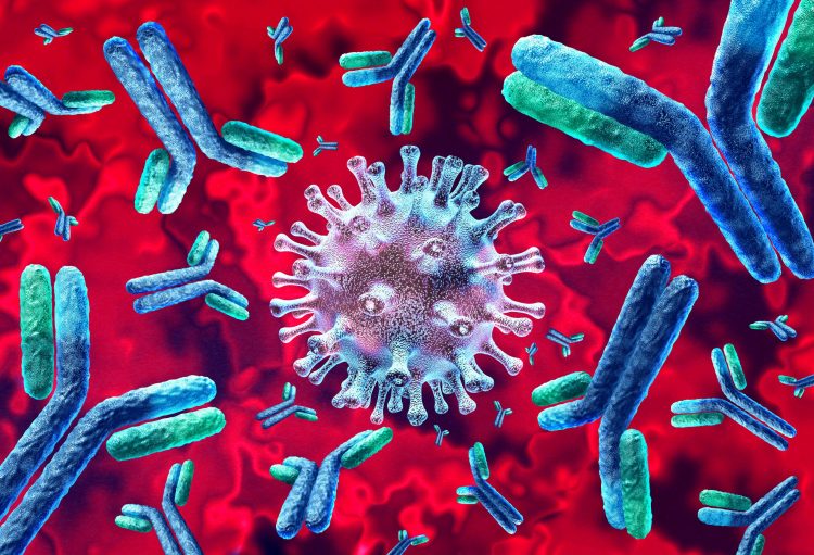 SARS-CoV-2 particle in grey surrounded by various blue and green antibodies all on a red background