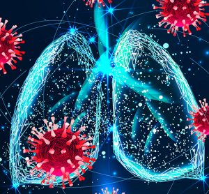 Outline of lungs and SARS-CoV-2 particles
