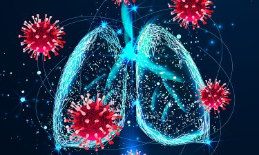 Outline of lungs and SARS-CoV-2 particles