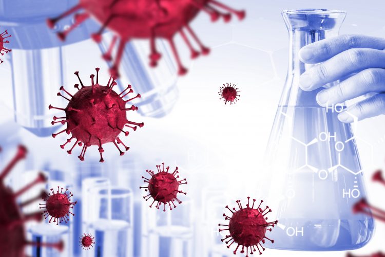 SARS-CoV-2 particles in red over a research background - microscope, connical flask and test tubes in grey