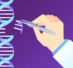 gene editing - cartoon hand removing a section of a DNA strand with tweezers