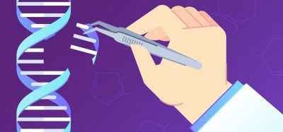 gene editing - cartoon hand removing a section of a DNA strand with tweezers