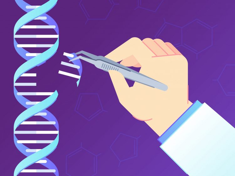 gene editing - cartoon hand removing a section of a DNA strand with tweezers