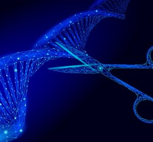 Futuristic image - DNA stand with scissors about to cut it - idea of CRISPR gene editing