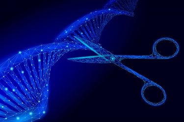 Futuristic image - DNA stand with scissors about to cut it - idea of CRISPR gene editing