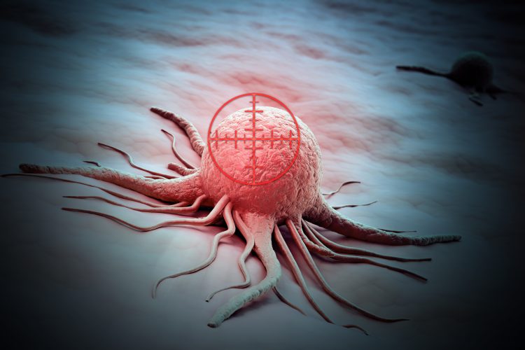 cancerous cell with crosshares over it - idea of targetted cancer therapy