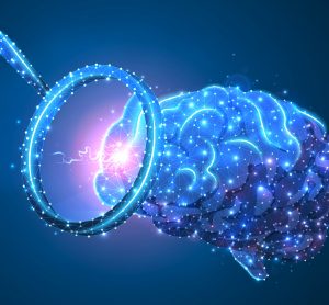 magnifying glass aimed at a human brain, both outlined and glowing in light blue, on a darker blue background
