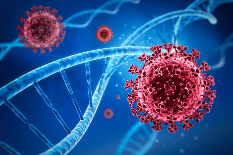 red coronavirus particles next to blue DNA strands