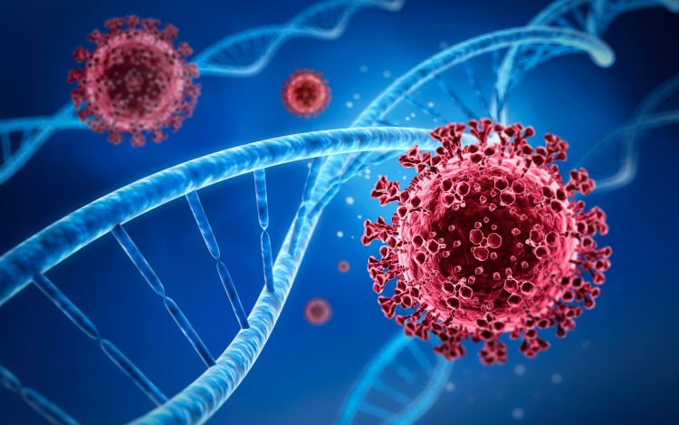 red coronavirus particles next to blue DNA strands