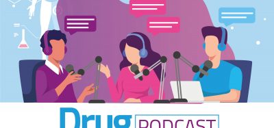 Drug Target Review logo with 'Podcast' written next to it below a cartoon illustration of three people talking into microphones