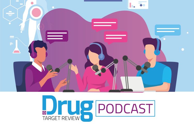 Drug Target Review logo with 'Podcast' written next to it below a cartoon illustration of three people talking into microphones