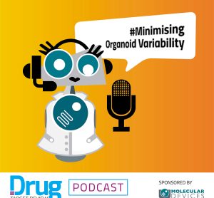 Robot speaking into microphone, text in speech bubble reads "minimising organoid variability". On orange background