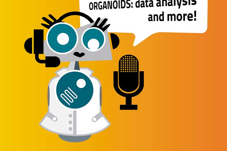 Robot scientist holding sign saying "ORGANOIDS: data analysis and more!" on yellow background