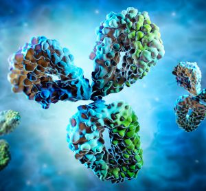 computer generated image of antibodies in blue, grey and green on a blue gradient background