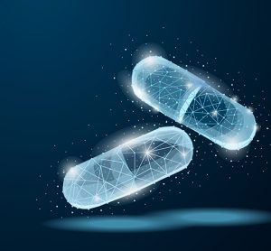 Two drug capsules outlined in glowing light blue on a dark blue background - idea of technology for drug development
