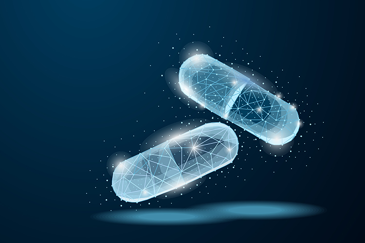 Two drug capsules outlined in glowing light blue on a dark blue background - idea of technology for drug development
