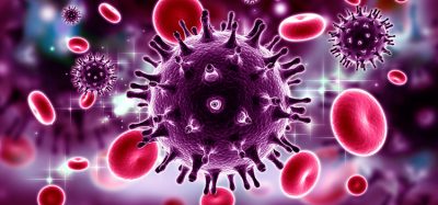 Image showing a 3D rendered HIV Virus in Blood Stream in colour background