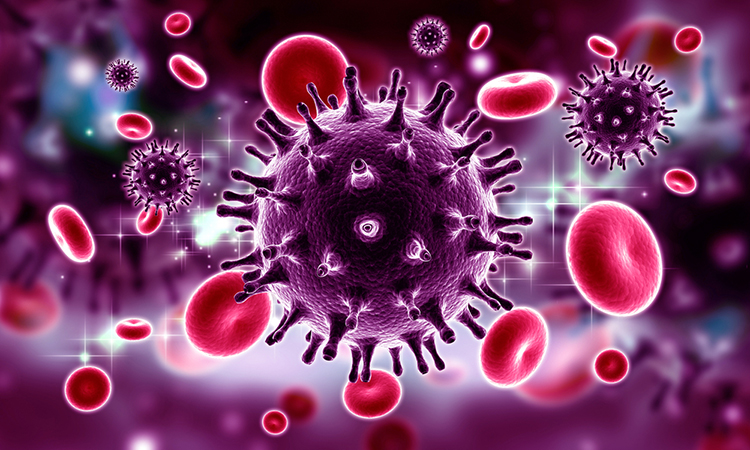 Image showing a 3D rendered HIV Virus in Blood Stream in colour background
