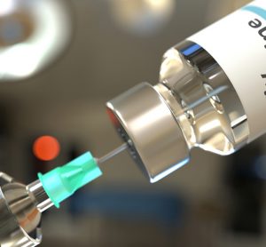 Vial with HIV vaccine and syringe for injection. 3D rendering