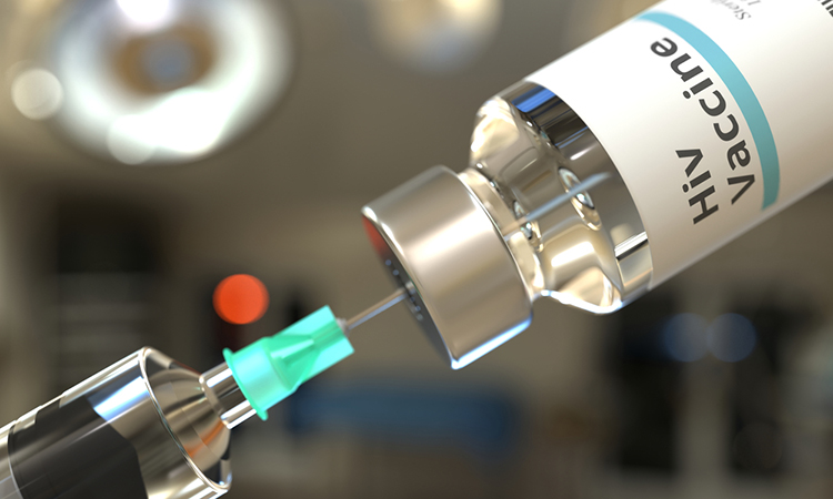 Vial with HIV vaccine and syringe for injection. 3D rendering