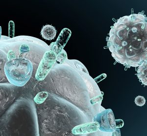 HIV viral particles in grey on a black background