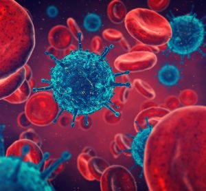 multiple HIV virus particles in a group of red blood cells