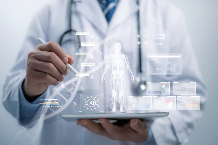 A doctor using a digital tablet with floating medical data visualizations, including a human skeleton model, DNA strand, AI icon, and health analytics charts, symbolizing data-driven and AI-supported medical research.