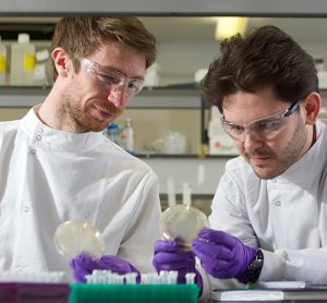Jc Kay and a colleague wearing lab coats in a lab and looking at microbes in a petri dish