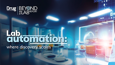 Cover image for Drug Target Review’s Beyond the Lab report titled “Lab automation: where discovery scales”, showing a futuristic automated laboratory with digital data displays and blue lighting.