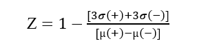 Equation showing Z = 1 - [3σ(+)+3σ(-)] over [µ(+)-µ(-)]