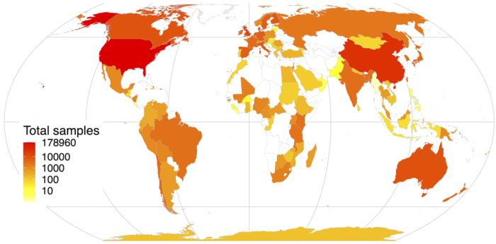 A map illustrating the global distribution of publicly available human microbiome samples.