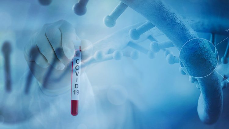 hand holding a blood sample labelled 'covid-19' and a DNA strand, all in a grey-blue colour