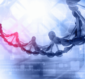 Purple DNA strand on a blue to grey gradient background